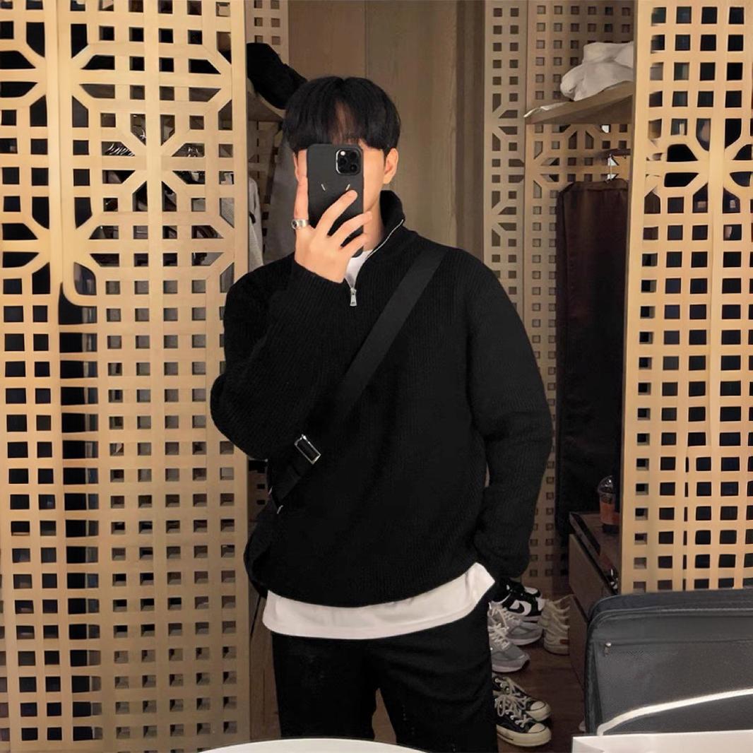 Fall/Winter Half Zip Pullover Sweater Men's Korean Trend Handsome Versatile Stand Collar Knit Top Solid Color Sweater