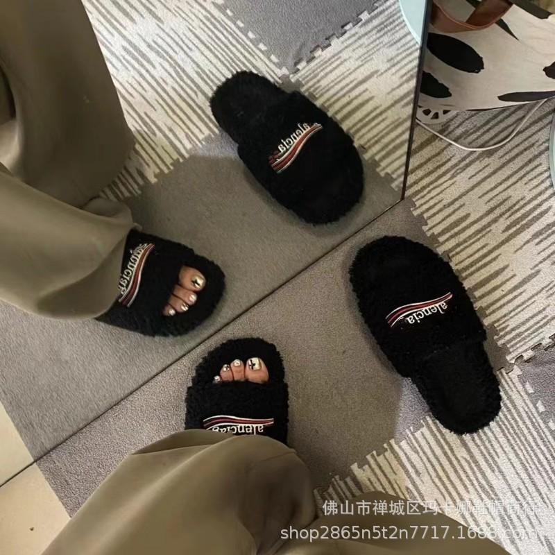 Paris wool slippers women's wear 2024 new letter embroidered platform lambswool autumn and winter flat slippers