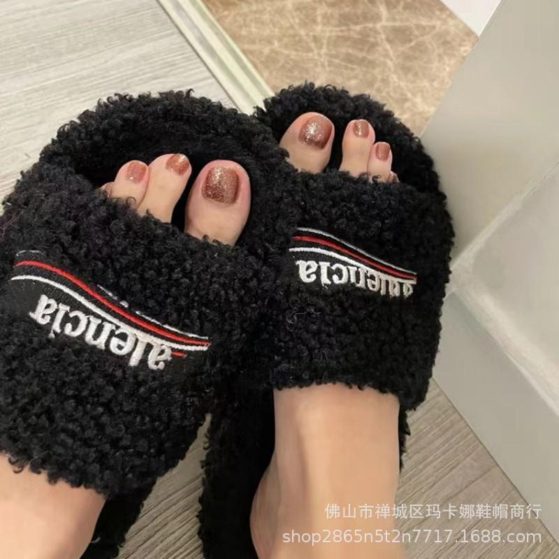 Paris wool slippers women's wear 2024 new letter embroidered platform lambswool autumn and winter flat slippers