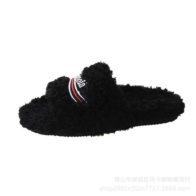 Paris wool slippers women's wear 2024 new letter embroidered platform lambswool autumn and winter flat slippers