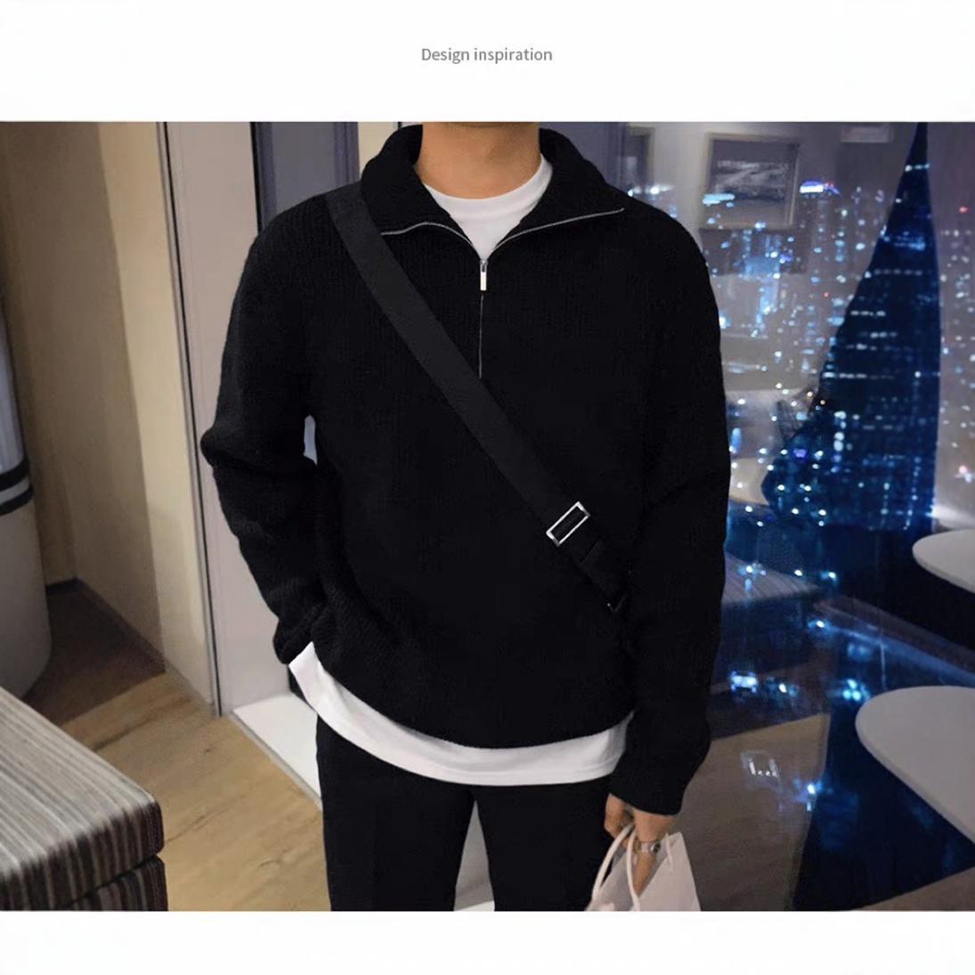Fall/Winter Half Zip Pullover Sweater Men's Korean Trend Handsome Versatile Stand Collar Knit Top Solid Color Sweater