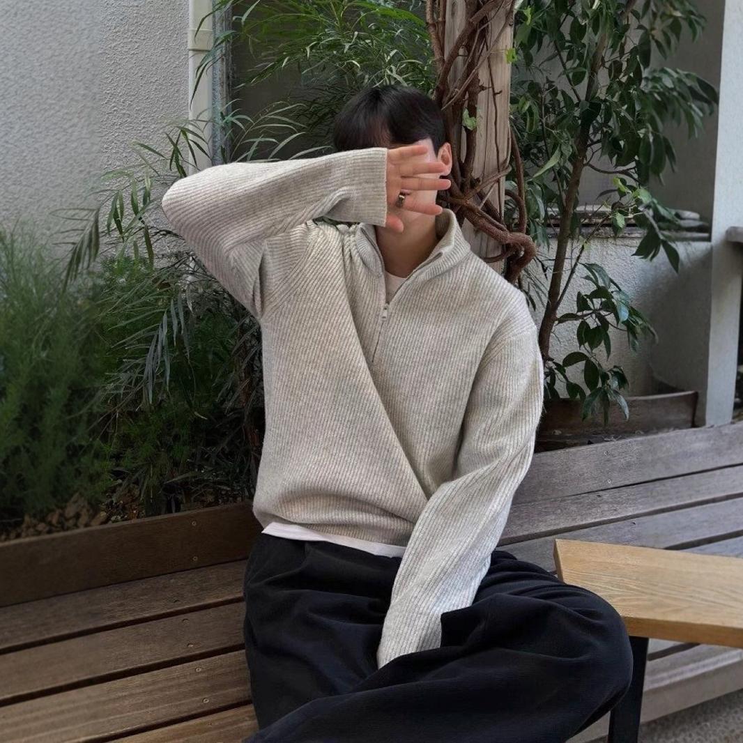 Fall/Winter Half Zip Pullover Sweater Men's Korean Trend Handsome Versatile Stand Collar Knit Top Solid Color Sweater