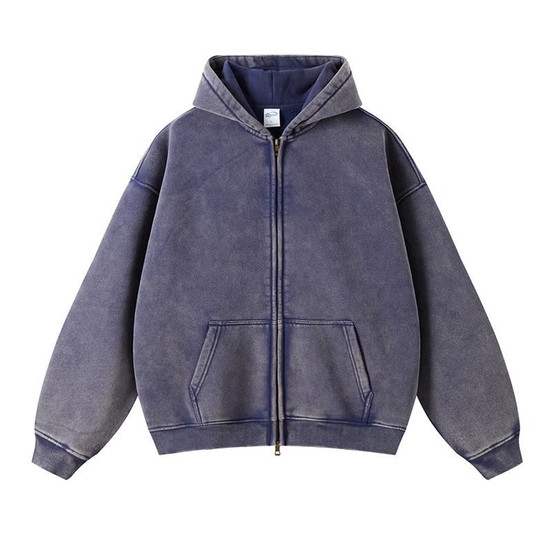 2024 autumn and winter European and American high street batik wash distressed and fleece 360g double-ended zipper sweatshirt loose hoodie tide