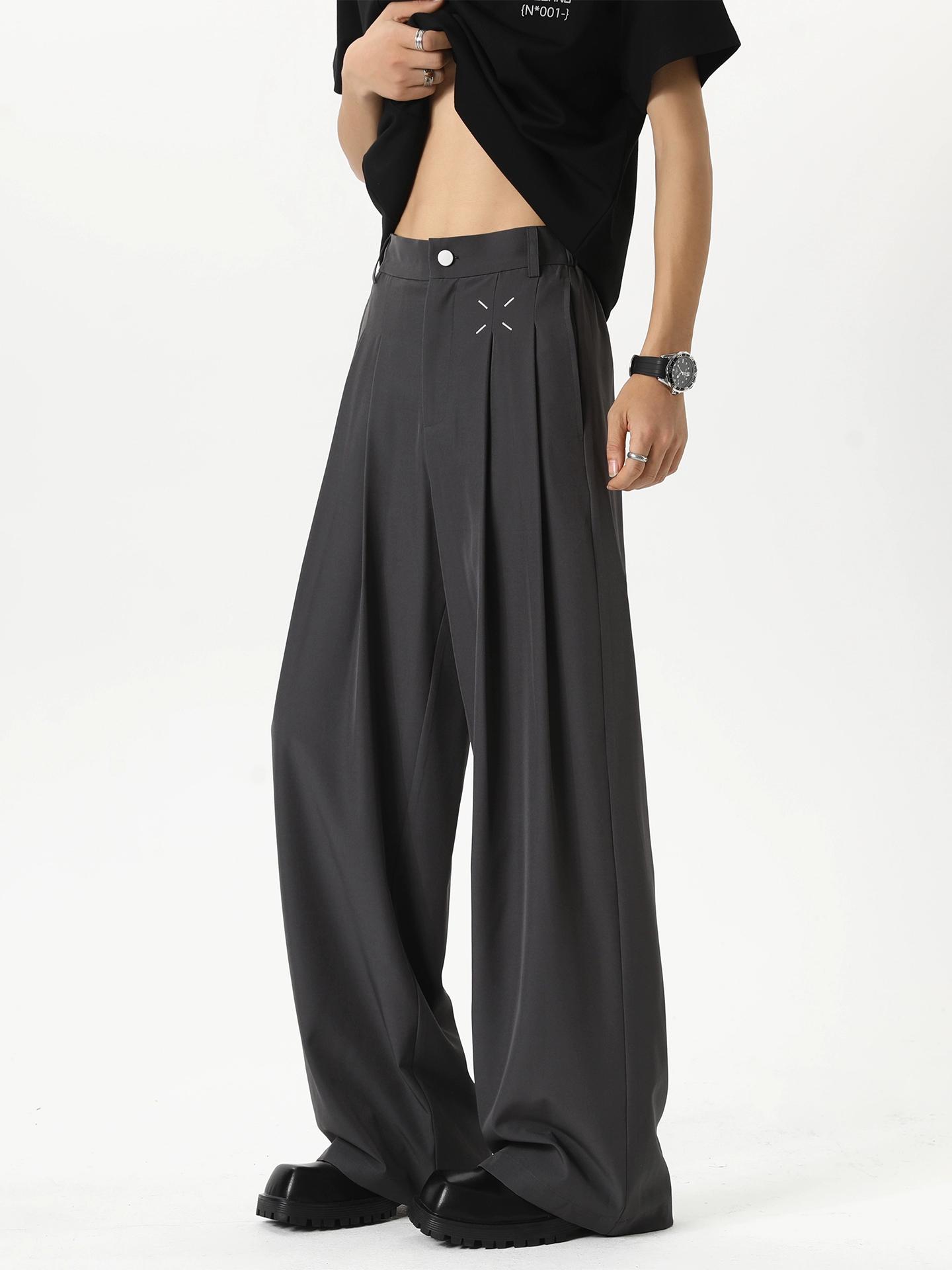 Draped ice silk trousers men's summer black cleanfit straight wide-leg casual pants high-end suit pants