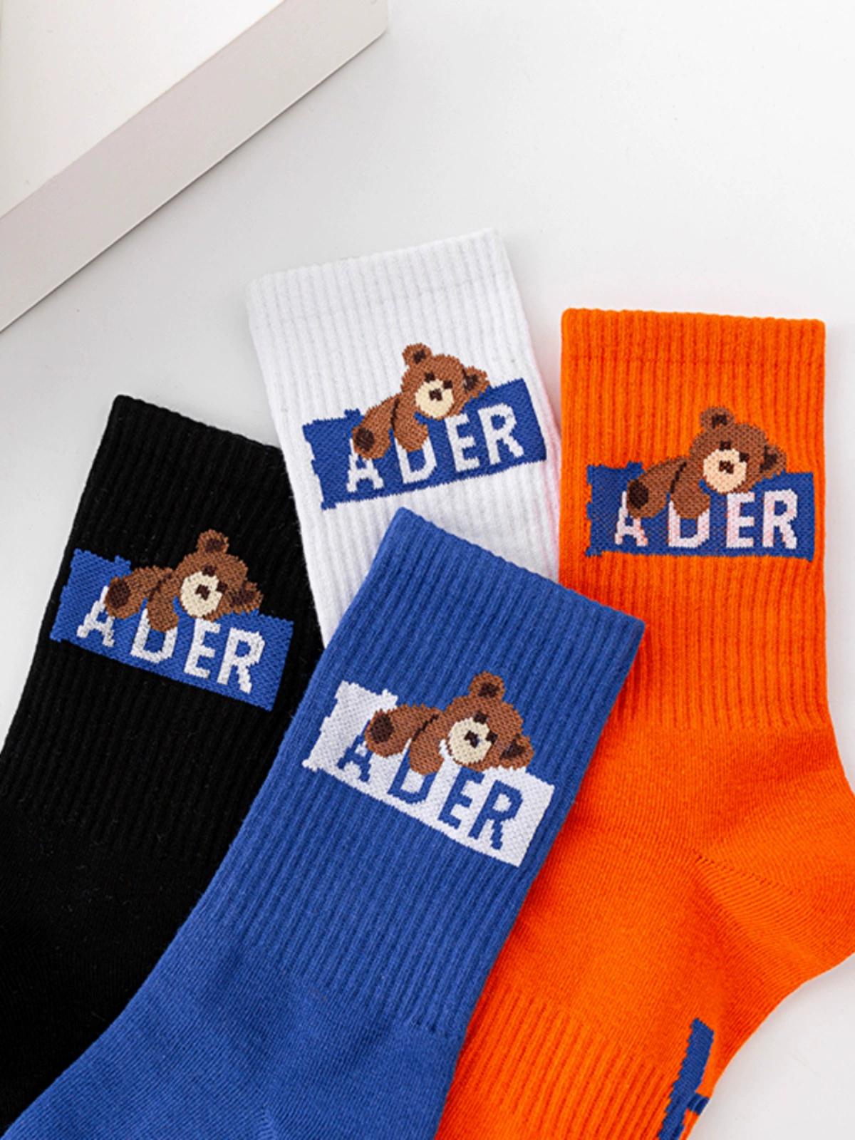 ulzzang Harajuku ADER Bear Letter Medium Socks Men's and Women's Couple Sports Socks Simple and Versatile Personality Trendy Socks