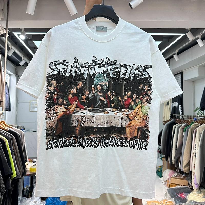 INS Summer American Oil Painting Family Gathering English Letter Print Retro Loose Men and Women Hip Hop Short Sleeve T-Shirt Tide