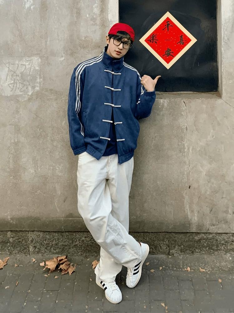 Blue New Chinese Style Disc Buckle Jacket Men's Spring and Autumn Tide Brand Premium American Retro Three-Bar Stand-Up Collar Jacket
