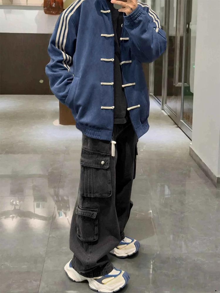 Blue New Chinese Style Disc Buckle Jacket Men's Spring and Autumn Tide Brand Premium American Retro Three-Bar Stand-Up Collar Jacket