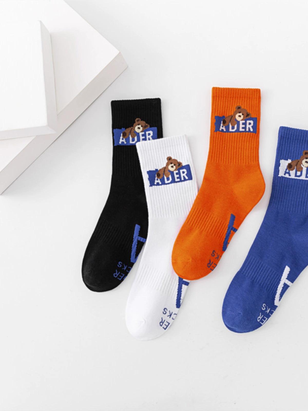 ulzzang Harajuku ADER Bear Letter Medium Socks Men's and Women's Couple Sports Socks Simple and Versatile Personality Trendy Socks