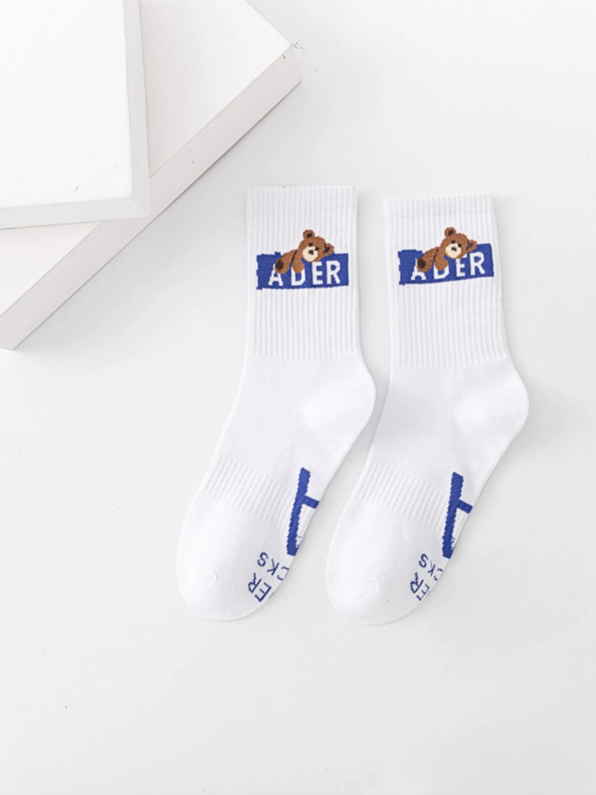 ulzzang Harajuku ADER Bear Letter Medium Socks Men's and Women's Couple Sports Socks Simple and Versatile Personality Trendy Socks