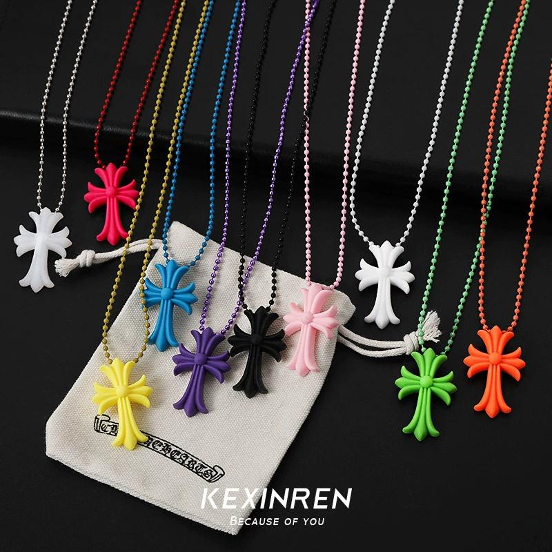 Lovely people trend versatile K Luo heart color resin CH cross necklace Aoyama limited star temperament ins