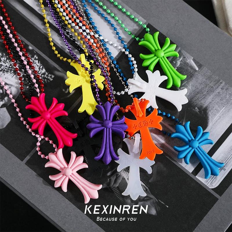 Lovely people trend versatile K Luo heart color resin CH cross necklace Aoyama limited star temperament ins