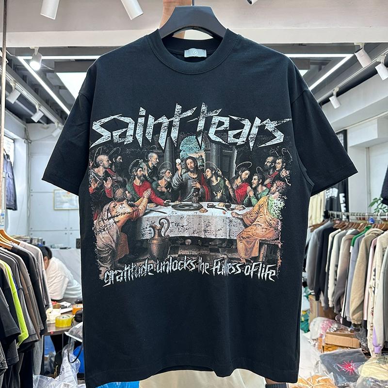 INS Summer American Oil Painting Family Gathering English Letter Print Retro Loose Men and Women Hip Hop Short Sleeve T-Shirt Tide