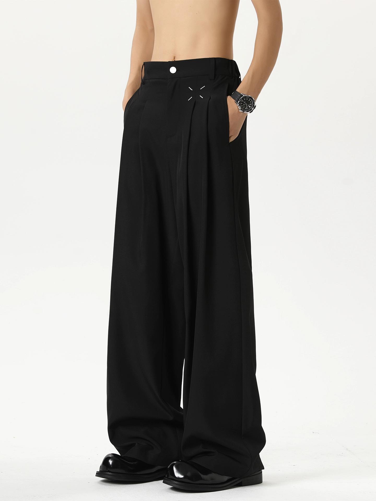 Draped ice silk trousers men's summer black cleanfit straight wide-leg casual pants high-end suit pants