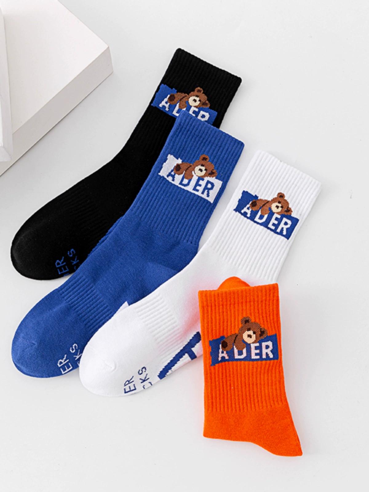 ulzzang Harajuku ADER Bear Letter Medium Socks Men's and Women's Couple Sports Socks Simple and Versatile Personality Trendy Socks